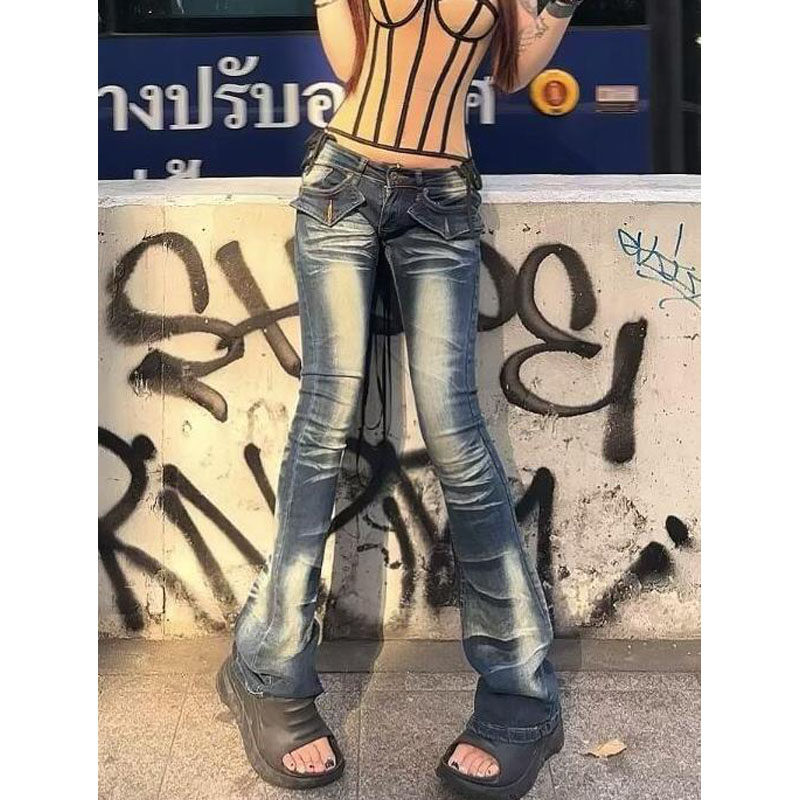 美式复古水洗低腰刺绣微喇牛仔裤女辣妹设计感修身显瘦垂感长裤子,淘宝优惠券,粉丝福利购,淘宝优惠卷