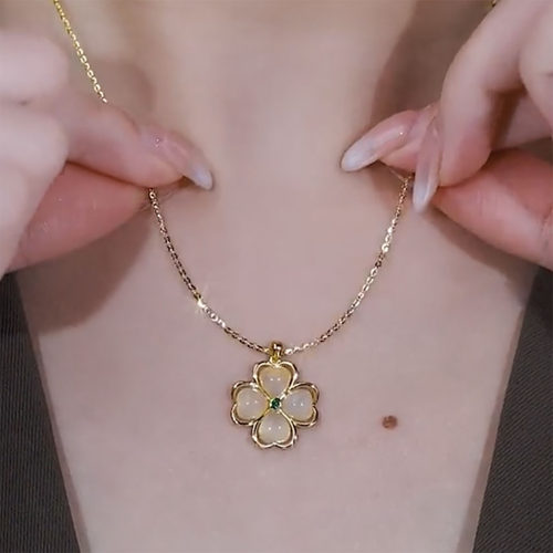 幸运四叶草项链女纯银S925猫眼石原创设计感小众轻奢锁骨链情人节 - 图2