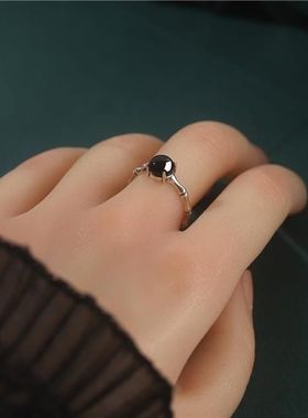 天然黑玛瑙竹节戒指纯银古着戒指复古做旧中古风戒指食指戒可调节