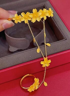 精致结婚手背链戒指一体金色樱花手镯高级感新娘仿金饰花朵手链女