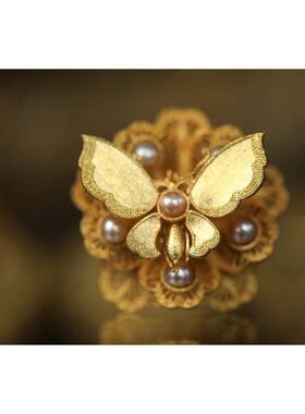 镀金镶嵌蝶恋花可调开口戒指汉服配饰古风首饰新娘婚庆指环