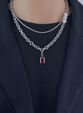 小众钛钢镶钻双层红宝石轻奢吊坠