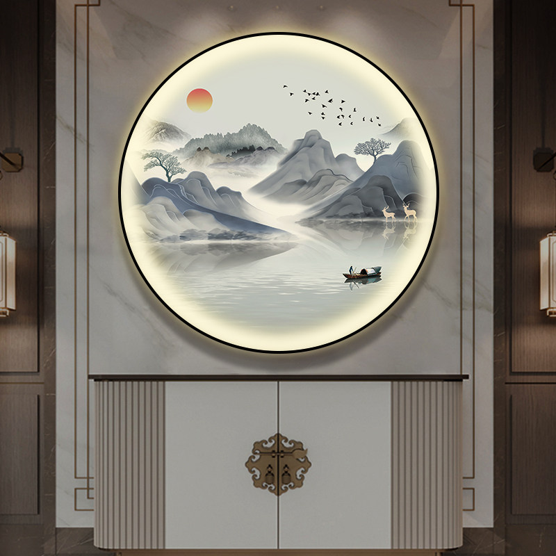 新中式入户玄关装饰画灯画圆形山水画客厅风景画走廊过道茶室挂画,淘宝优惠券,粉丝福利购,淘宝优惠卷