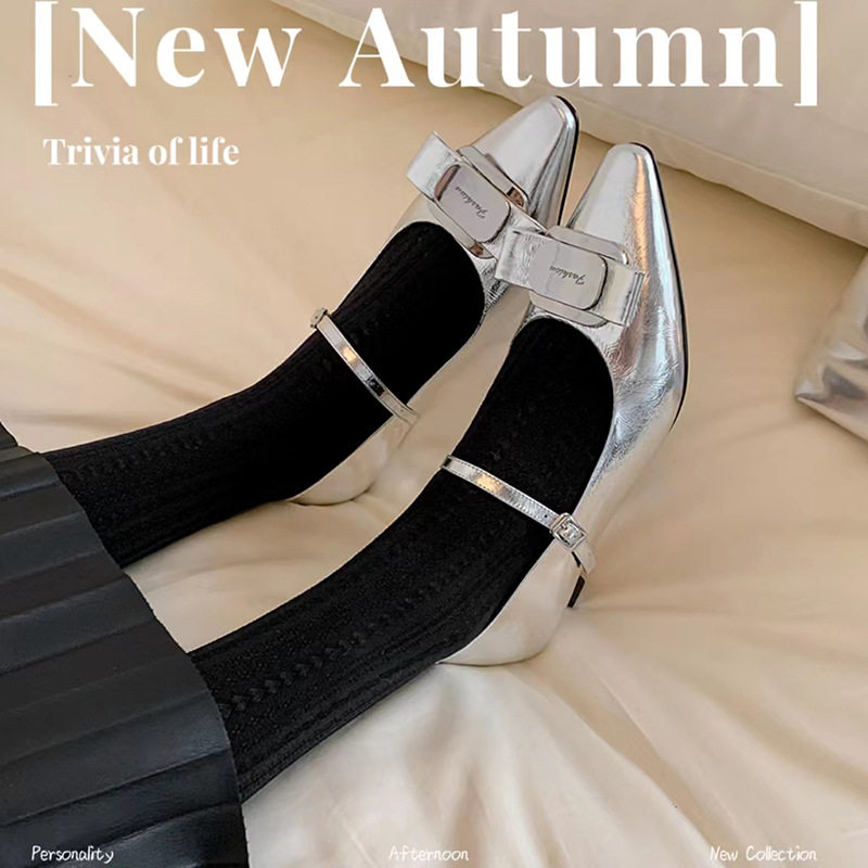 气质名媛真皮蝴蝶结单鞋女2024新款红色婚鞋配裙子银色尖头猫跟鞋,淘宝优惠券,粉丝福利购,淘宝优惠卷