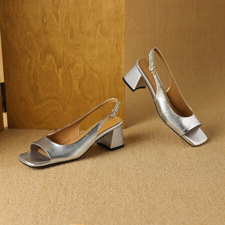 法式晚风真皮粗跟凉鞋女夏方头鱼嘴高跟鞋配裙子一字带银色大码41,淘宝优惠券,粉丝福利购,淘宝优惠卷