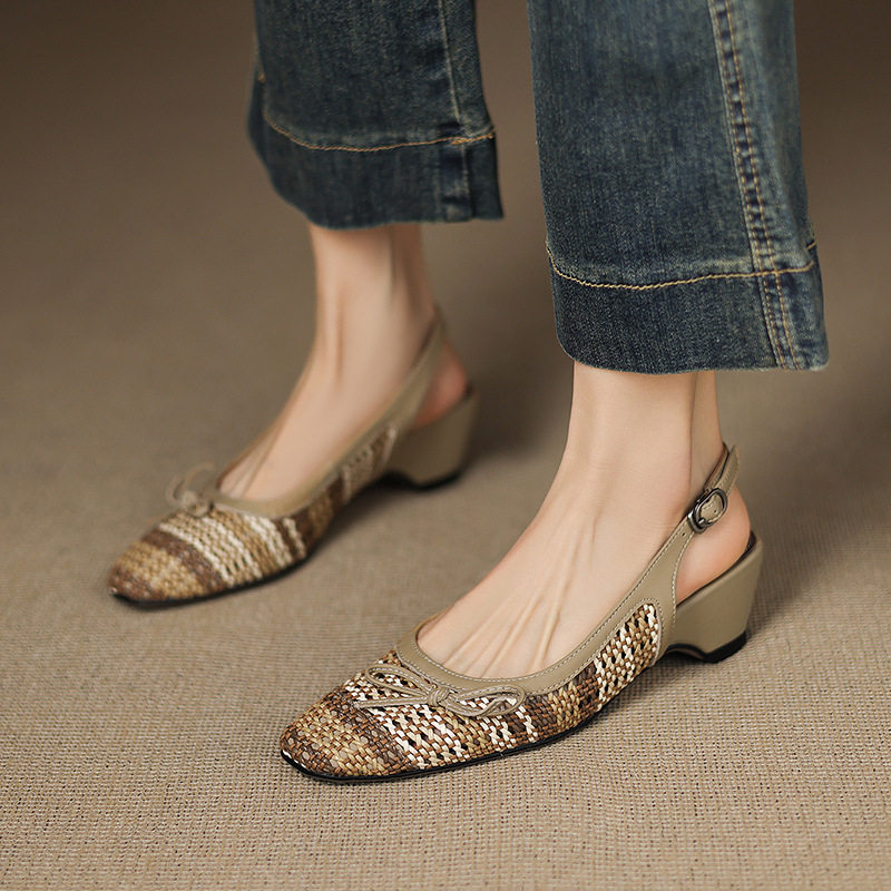 法式小香风复古编织拼色粗跟包头凉鞋女时尚优雅蝴蝶结后绊带高跟,淘宝优惠券,粉丝福利购,淘宝优惠卷