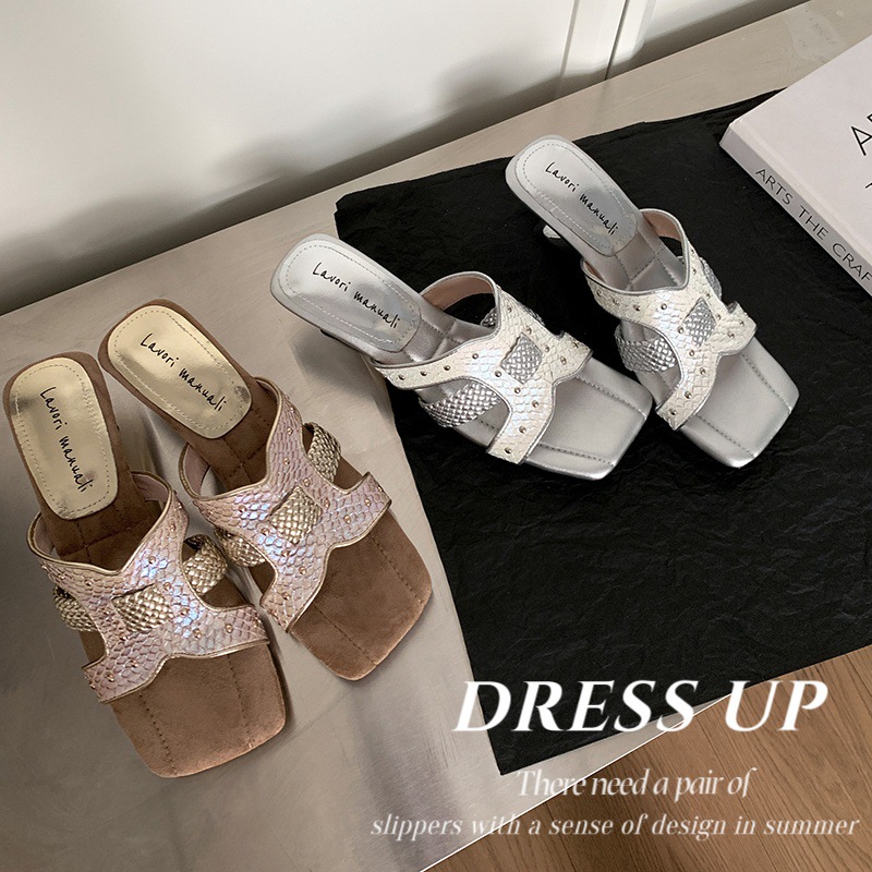 5cm高跟异型跟露趾凉拖鞋女室外穿百搭一字拖夏季新款时尚 - 图0