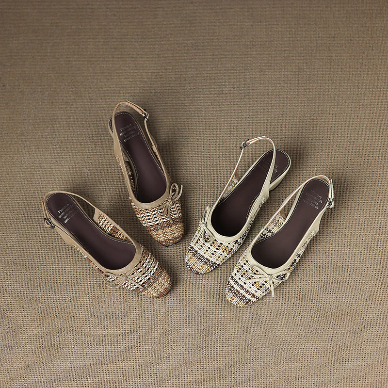 法式小香风复古编织拼色粗跟包头凉鞋女时尚优雅蝴蝶结后绊带高跟,淘宝优惠券,粉丝福利购,淘宝优惠卷