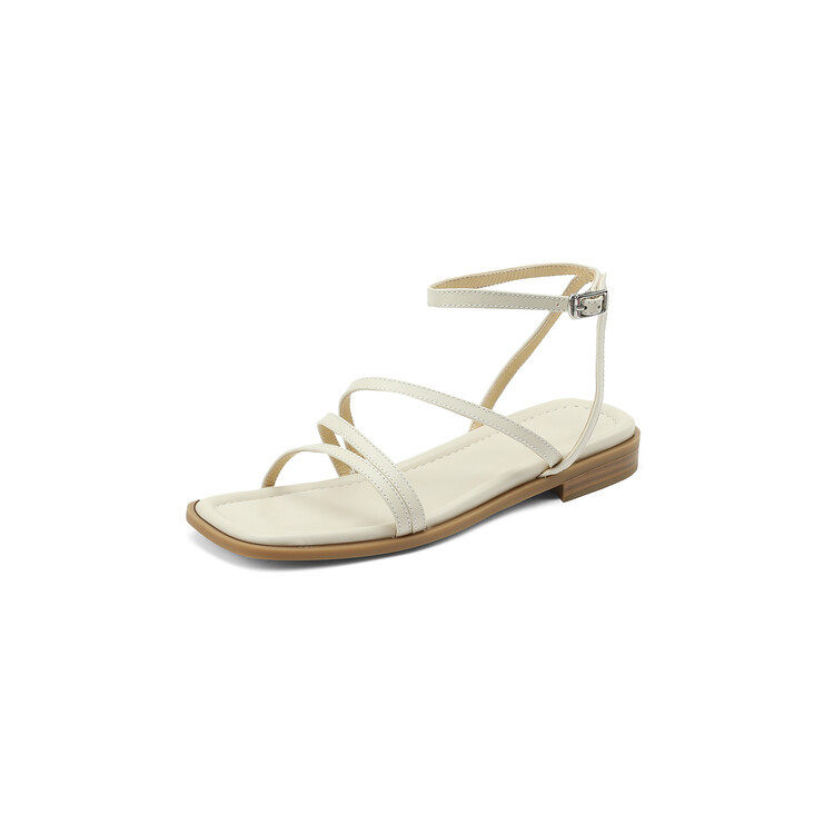 33/40大小码简约细带基础款方头露趾一字扣带平底紫色牛皮凉鞋女,淘宝优惠券,粉丝福利购,淘宝优惠卷