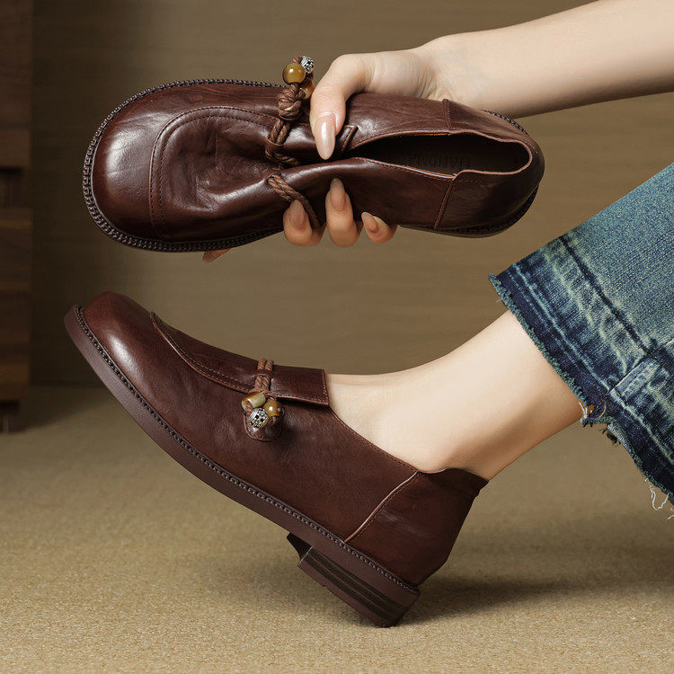 巨软~低跟真皮乐福鞋女新中式国潮小皮鞋深口休闲平底单鞋乐福鞋,淘宝优惠券,粉丝福利购,淘宝优惠卷