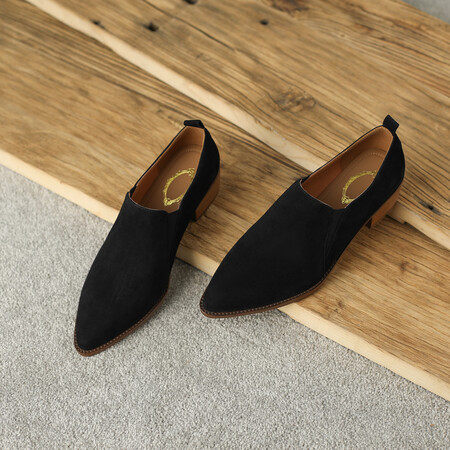 复古尖头粗跟短靴女2024新款秋冬及踝靴羊翻皮单鞋女深口中跟,淘宝优惠券,粉丝福利购,淘宝优惠卷