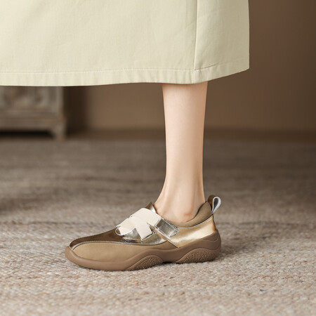 2024春新款真皮厚底圆头金色乐福鞋女休闲坡跟松糕底拼色懒人单鞋,淘宝优惠券,粉丝福利购,淘宝优惠卷