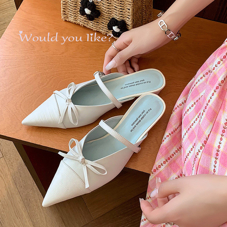 真皮版~法式小香风气质包头蝴蝶结尖头后空拖鞋女夏新款高跟鞋细,淘宝优惠券,粉丝福利购,淘宝优惠卷