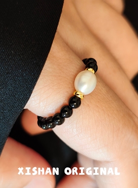 希山原创小众设计天然石松石虎眼弹力串珠戒指女简约素圈珍珠指环