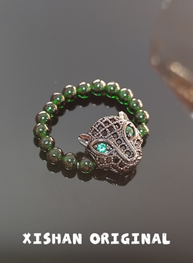 希山原创小众设计天然绿砂潮酷戒指男十字架豹子气质食指戒送男友