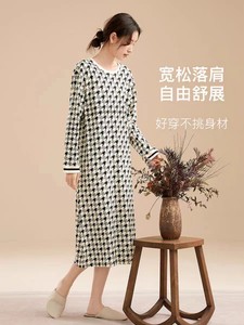 康妮雅家居服睡衣秋季新品纯棉长袖中长款女睡衣居家连衣裙622500