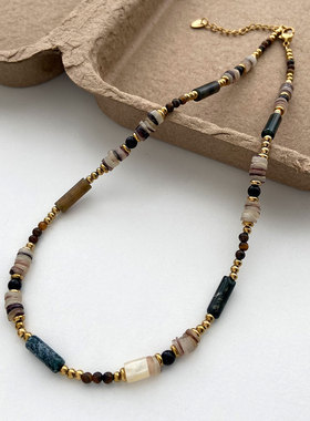 轻奢彩色石珠项链女金色隔珠