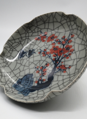 官窑开片釉里红梅纹花口瓷器古玩