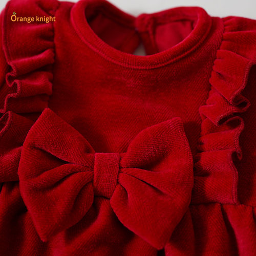 婴儿衣服冬装小月龄连体衣加绒款宝宝爬服喜庆红色哈衣公主外出服 - 图0