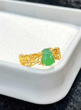 燕玺家  原创设计 18K古法黄金冰种阳绿翡翠貔貅回纹戒指 招财 玉