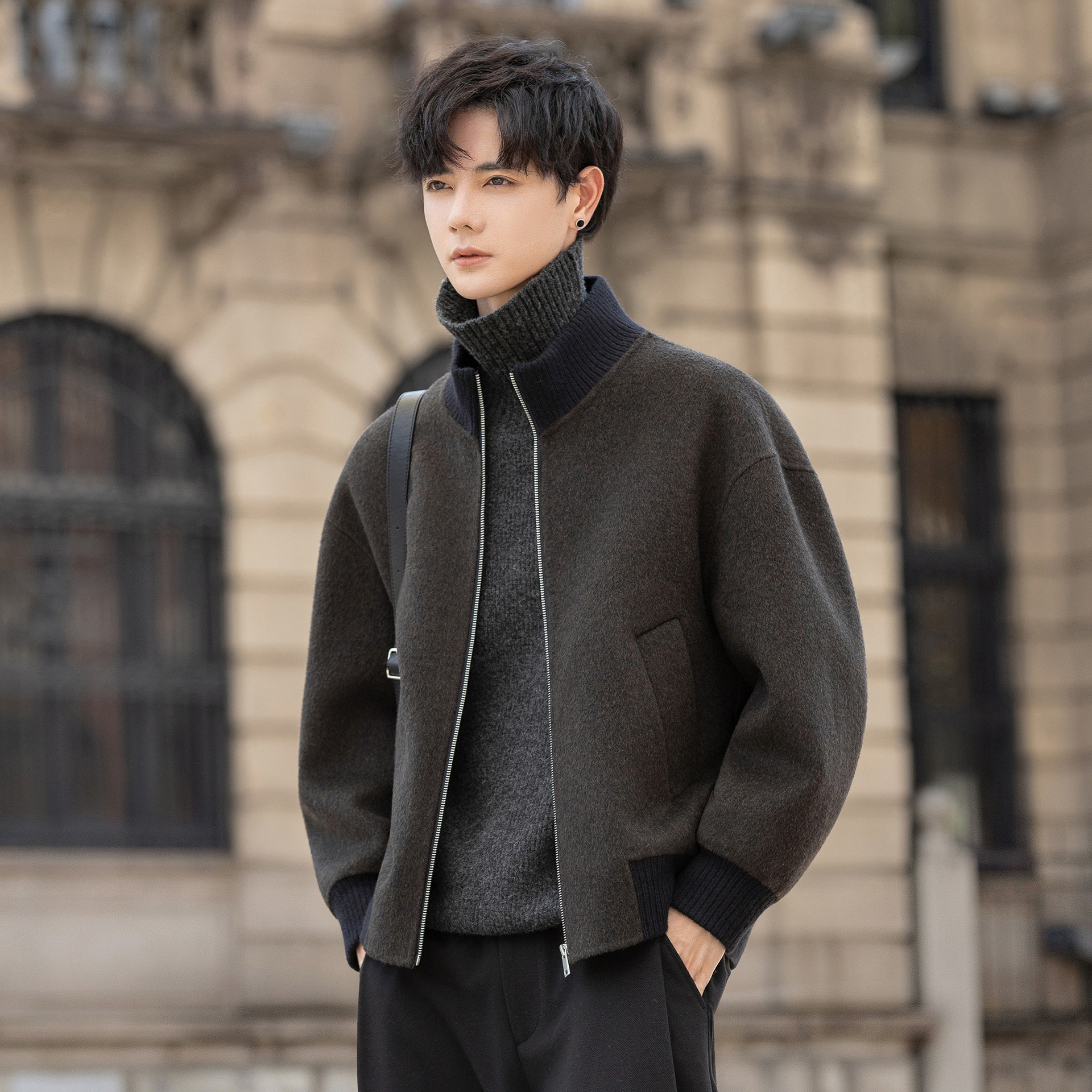 男士毛呢外套秋冬季新款双面羊毛呢子大衣短款立领加厚宽松夹克潮,淘宝优惠券,粉丝福利购,淘宝优惠卷