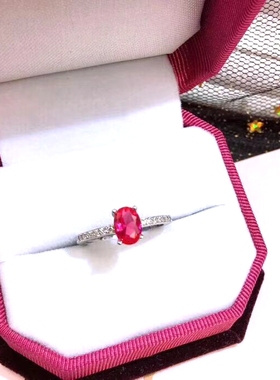红宝石戒指女款椭圆形鸽血红女戒活圈纯银镀18K白金钻戒