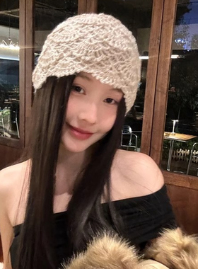 玛诗杜MUSTKOO复古手工钩花包头帽森系百搭针织马海毛绒线帽 7093