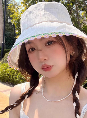 玛诗杜MUSTKOO 甜美可爱花边蓝色春夏季遮阳涤纶渔夫帽女款