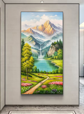 手绘油画风景山水金山聚宝盆玄关装饰画走廊过道挂画竖版轻奢壁画