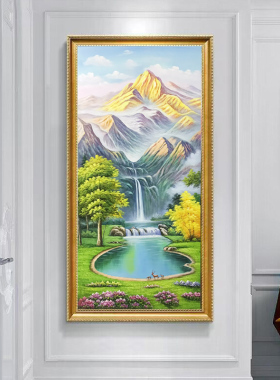 手绘油画风景山水金山聚宝盆玄关装饰画走廊过道挂画竖版轻奢壁画