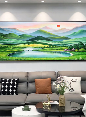 纯手绘简约聚宝盆油画太阳风景巨人山旭日东升风水靠山客厅装饰画