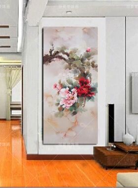 新中式风竖版公寓牡丹花卉油画
