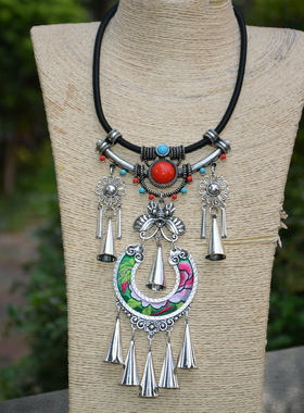 新款民族风苗银刺绣项链复古百搭项圈舞蹈演出配饰长款女士吊坠