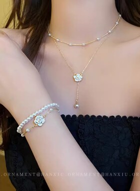 2026年爆款小众设计双层珍珠项链女超仙气质山茶花锁骨链花朵颈链