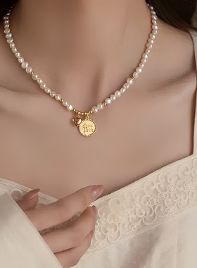 ins风幸运许愿牌爱心巴洛克珍珠项链女天然时尚年轻款锁骨链春夏