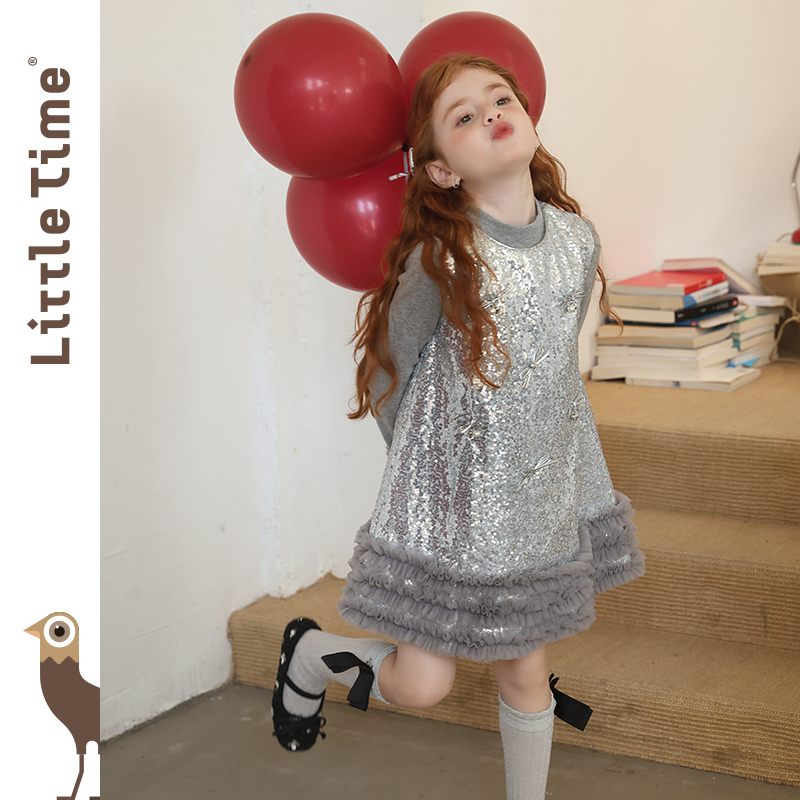 littletime女童连衣裙2025秋冬新款儿童韩版亮片蝴蝶结公主裙,淘宝优惠券,粉丝福利购,淘宝优惠卷