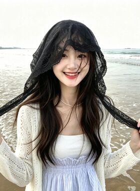 轻薄蕾丝飘带防晒帽气质款加大遮额头仙气旅游出片神器大头围使用