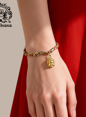 皇家莎莎国潮新中式手链金色编绳手饰轻奢气质显白佛头吊坠手串女