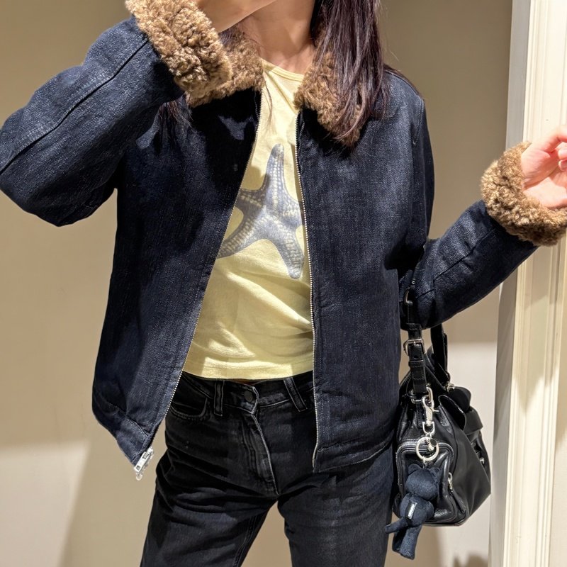 【现货】a*t丹宁拼接棉混纺黄色格纹短款H版型牛仔拼毛翻领外套女,淘宝优惠券,粉丝福利购,淘宝优惠卷