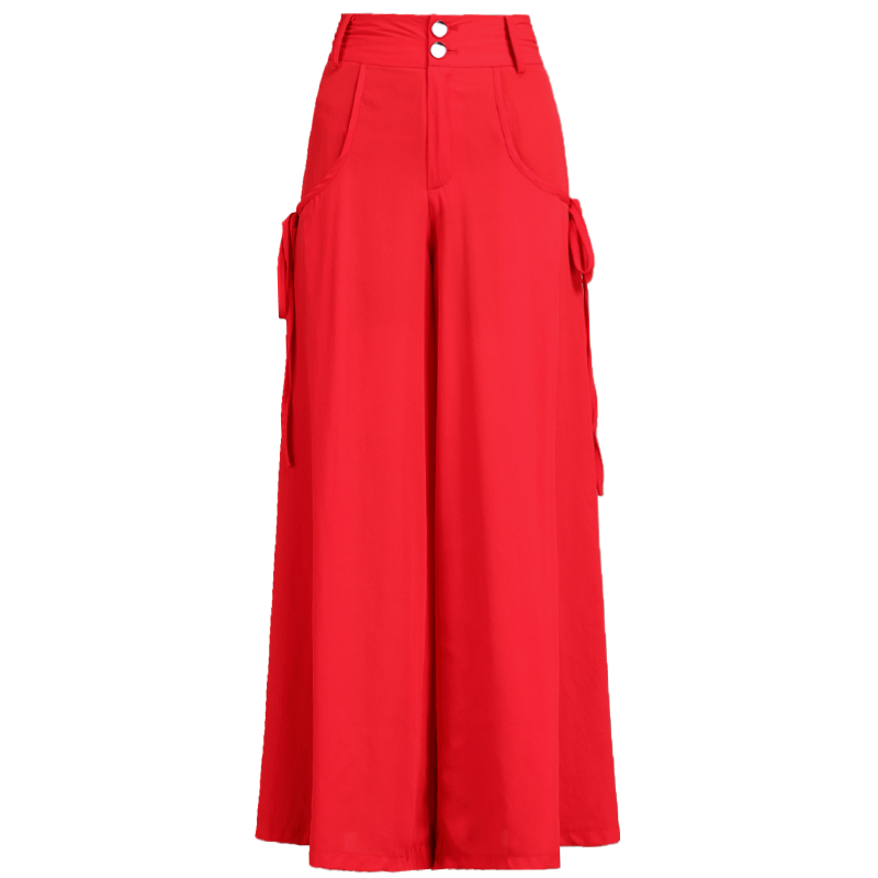 红色夏高腰休闲大脚裙薄款超阔腿裤 懿人薇子休闲裤