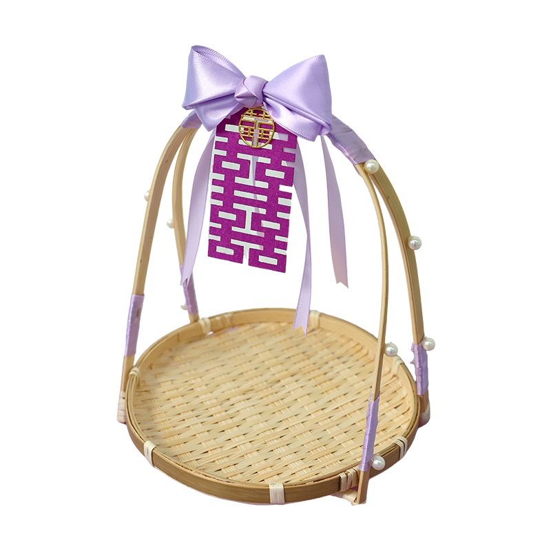 pin余生喜铺紫色订婚布置竹编小提篮圆形茶点心水果篮子糕点托盘,淘宝优惠券,粉丝福利购,淘宝优惠卷