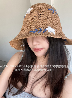 大檐草帽女夏季手工钩花度假沙滩遮阳草编太阳帽甜美百搭显脸小帽