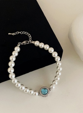 蓝色猫眼石珍珠手链女感小众设计复古个性简约百搭气质手饰