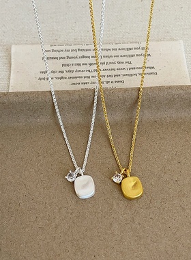 质感拉丝方糖锆石金属吊坠项链女小众个性时尚气质百搭颈链毛衣链