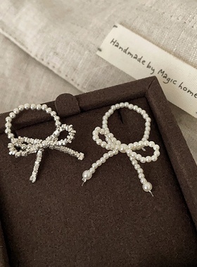 碎银子珍珠蝴蝶结弹力戒指女小众设计感精致个性时尚百搭指环戒子