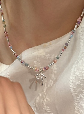 彩色水晶串珠蝴蝶结项链女小众设计感小清新锁骨链百搭气质颈链