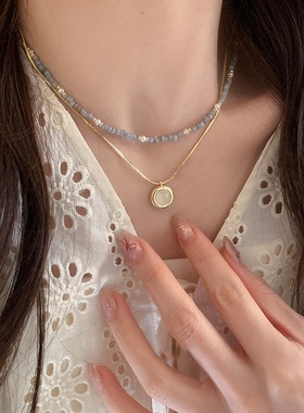 清新蓝色天然石串珠叠戴项链女小众感轻奢优雅百搭颈链锁骨链