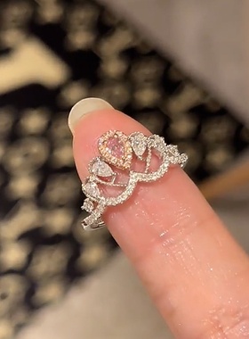 轻奢粉色锆石金属开口戒指女小众个性简约百搭气质时尚指环戒子