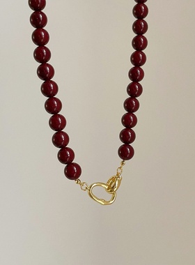 朱砂红串珠项链女秋冬新款轻奢复古小众个性简约百搭颈链锁骨链
