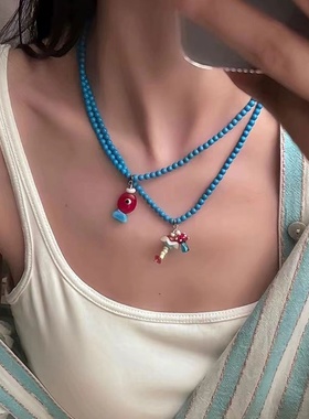 彩色多巴胺小鱼蘑菇吊坠蓝色串珠项链女萌趣可爱百搭颈链锁骨链